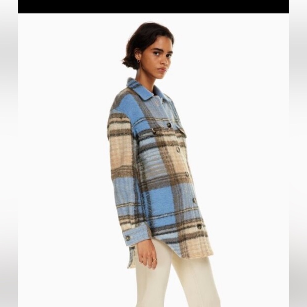 Aritzia Wilfred Free The Ganna Shacket Plaid Wool Jacket Blue Brown 2XS - Picture 2 of 8